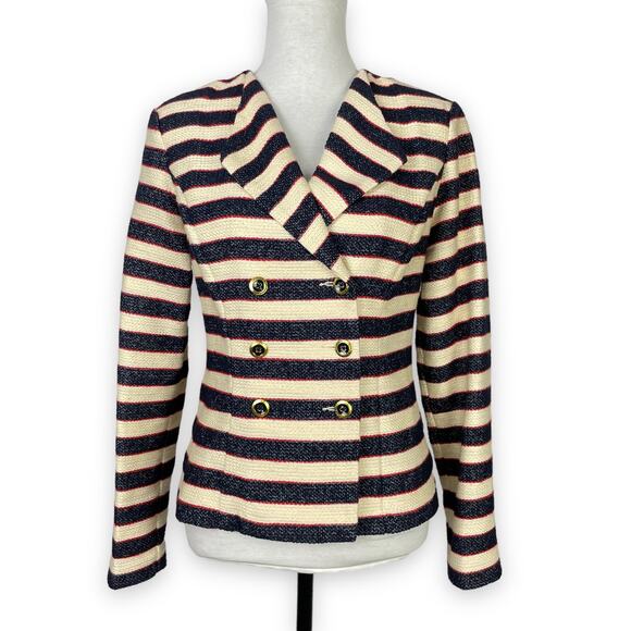 Cabi #5094 | Cruise Jacket Navy Cream Red Stripe Nautical Double Breasted Blazer - Picture 3 of 16